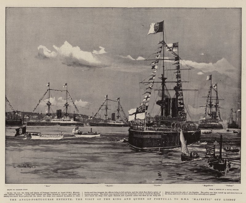 Anglo-portugalilainen entente, Portugalin kuninkaan ja kuningattaren vierailu H M S Majesticissa Lissabonin edustalla tekijältä Charles Edward Dixon