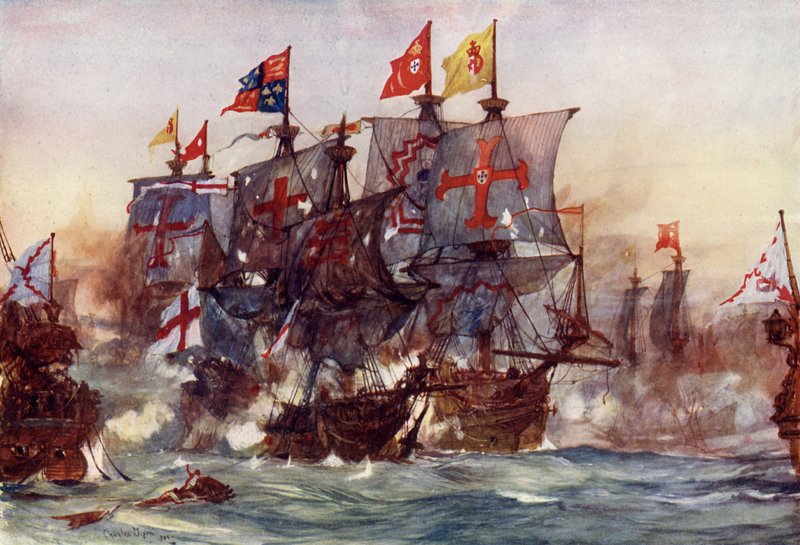 The Last Fight of the Revenge, Floresin edustalla, Azoreilla, 1591 tekijältä Charles Edward Dixon