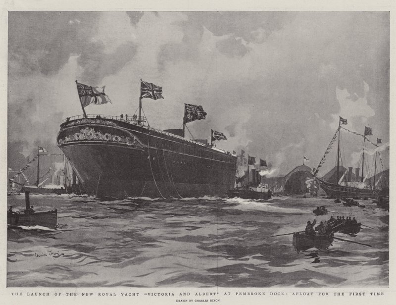 Uuden Royal Yacht Victoria and Albert laukaisu Pembroke Dockissa, pinnalla ensimmäistä kertaa tekijältä Charles Edward Dixon