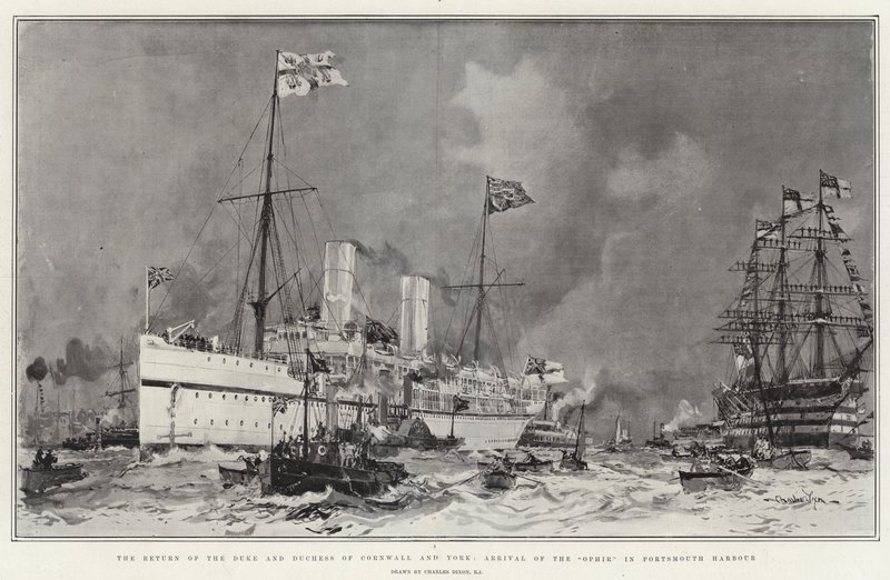 Cornwallin ja Yorkin herttuan ja herttuattaren paluu, Ophirin saapuminen Portsmouthin satamaan tekijältä Charles Edward Dixon