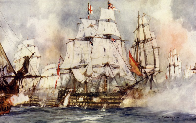 Voitto Trafalgarissa. Nelsonin lippulaiva lähellä Santissima Trinidadia tekijältä Charles Edward Dixon
