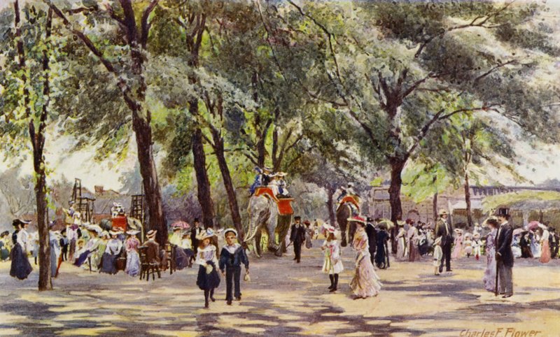Lontoon eläintarha: Broad Walk, elefanttien kanssa (väri litho) tekijältä Charles Edwin Flower