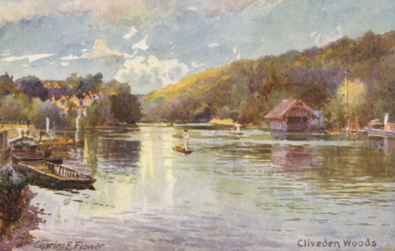 Thames-joki: Cliveden Woods (värilitografia). tekijältä Charles Edwin Flower