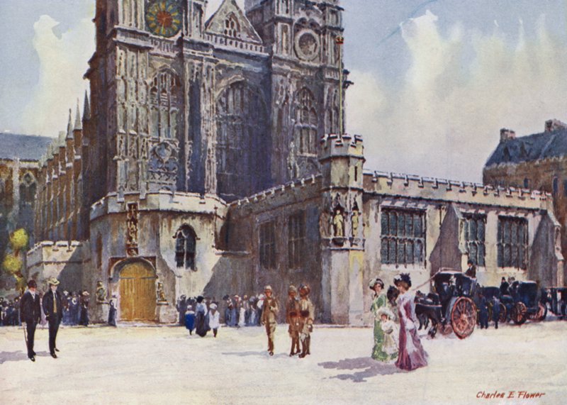 Westminster Abbey, jossa kuningas Edward VII ja kuningatar Alexandra laskeutuivat tekijältä Charles Edwin Flower