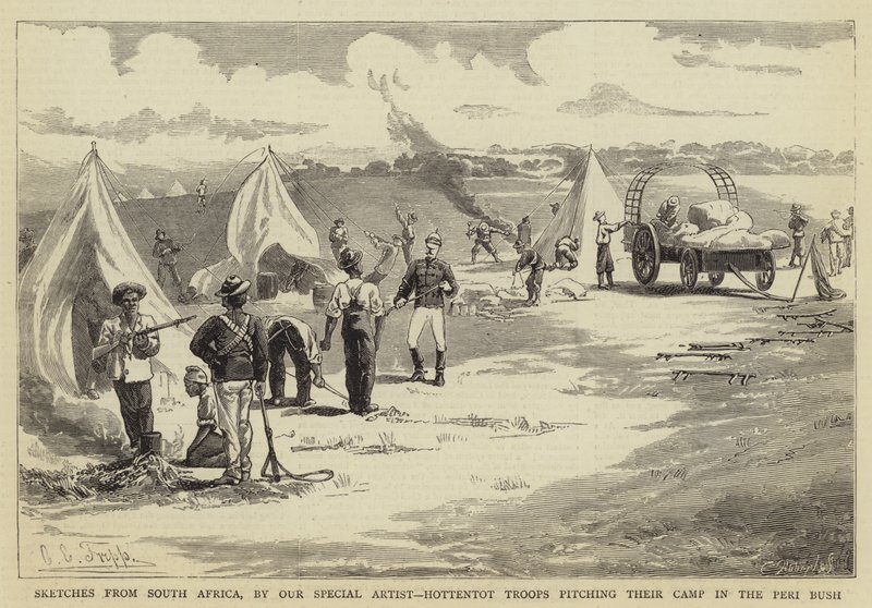 Sketsejä Etelä-Afrikasta, hotentott-joukot perustamassa leiriään Peri Bushissa tekijältä Charles Edwin Fripp