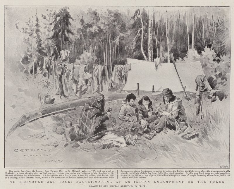 Klondykeen ja takaisin, korien teko intialaisessa leirintäalueella Yukonissa (litho) tekijältä Charles Edwin Fripp