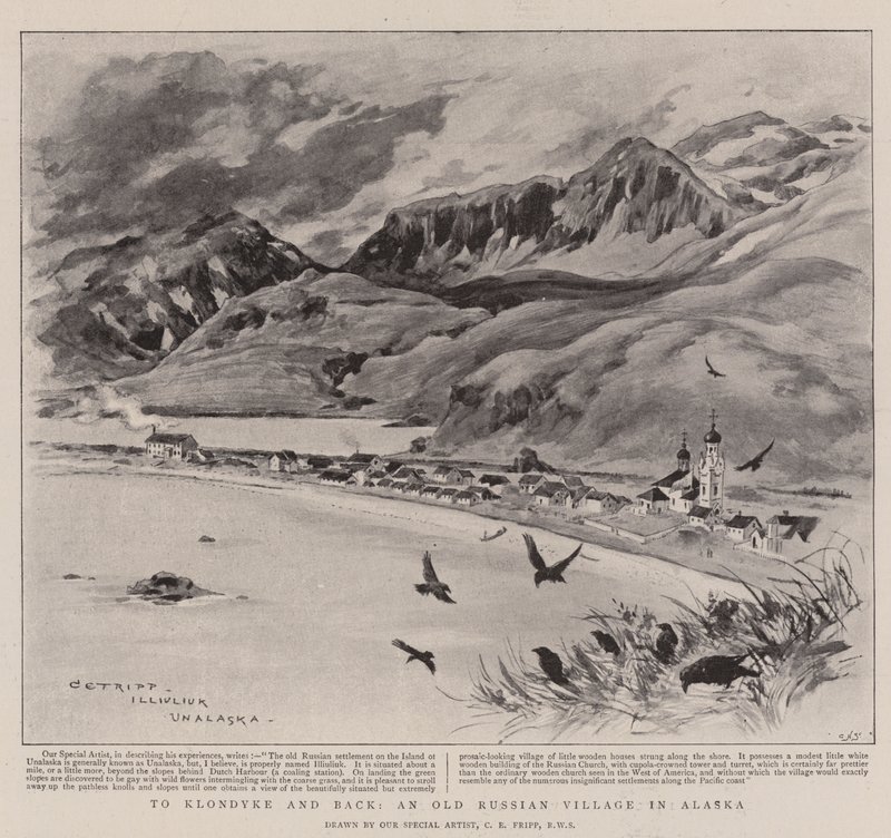 Klondykeen ja takaisin, vanhaan venäläiseen kylään Alaskassa (litho) tekijältä Charles Edwin Fripp