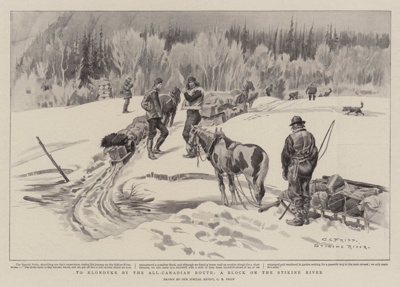 Klondykeen koko Kanadan reittiä pitkin, Stikine-joen varrella oleva kortteli tekijältä Charles Edwin Fripp