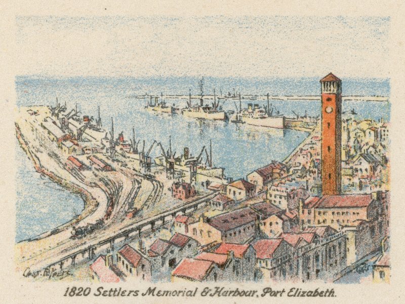 Etelä-Afrikka: 1820 Uudisasukkaiden muistomerkki ja satama, Port Elizabeth (värilitografia). tekijältä Charles Ernest Peers