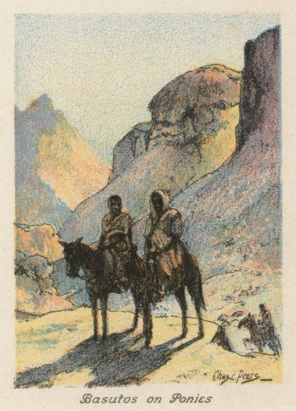 Etelä-Afrikka: Basutos ponien selässä (värilitografia). tekijältä Charles Ernest Peers