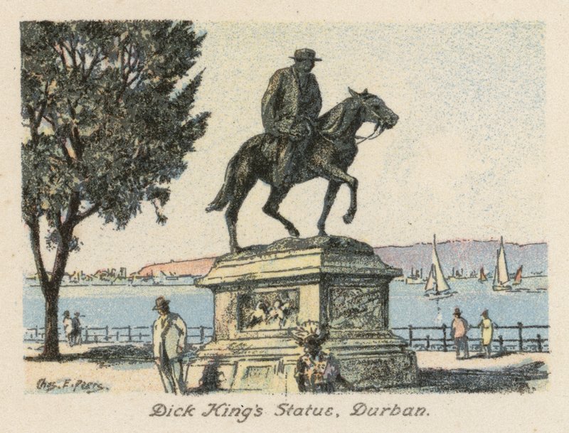 Etelä-Afrikka: Dick Kingin patsas, Durban (värilitografia). tekijältä Charles Ernest Peers