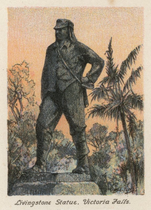 Etelä-Afrikka: Livingstone-patsas, Victorian putoukset (värilitografia). tekijältä Charles Ernest Peers