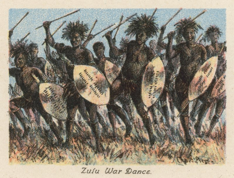 Etelä-Afrikka: Zulu War Dance (värilitografia). tekijältä Charles Ernest Peers