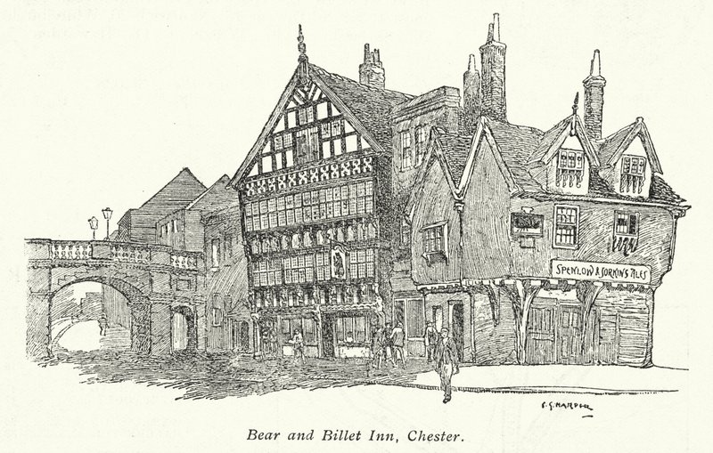 Bear and Billet Inn, Chester (litografia) tekijältä Charles George Harper