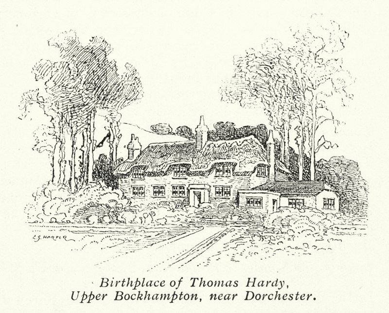 Thomas Hardyn syntymäkoti, Upper Bockhampton, lähellä Dorchesteria (litografia). tekijältä Charles George Harper