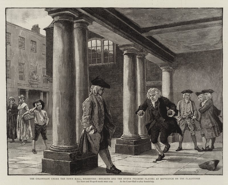 Pylväikkö kaupungintalon alla, Rochester, Hogarth ja muut pyhiinvaeltajat, jotka leikkivät Hopscotchissa lippukivillä tekijältä Charles Green