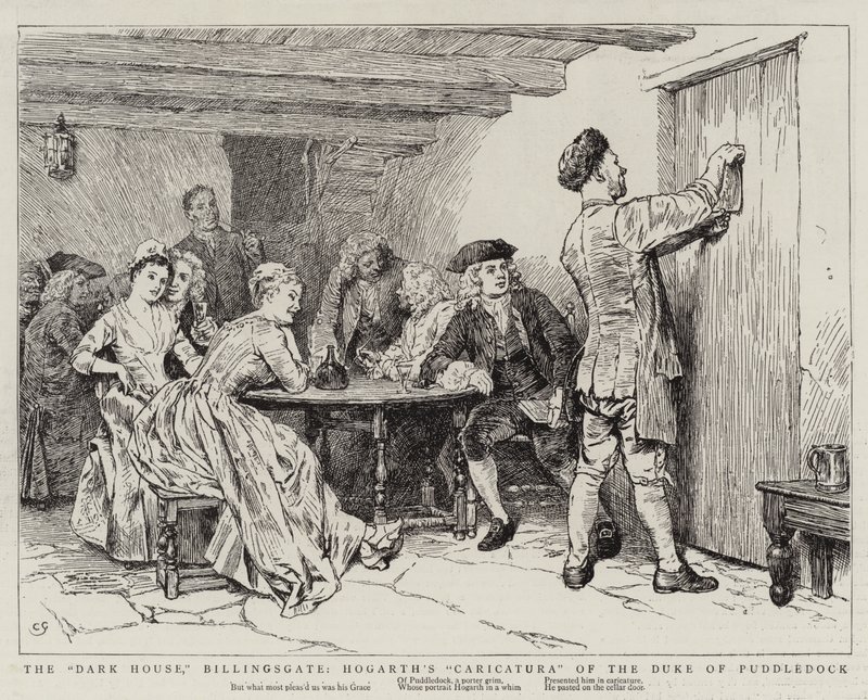 The Dark House, Billingsgate, Hogarthin karikatyyri Puddledockin herttuan karikatyyristä (The Dark House, Billingsgate). tekijältä Charles Green