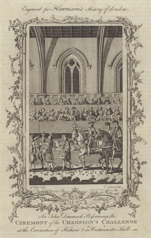 Sir John Dimmock esiintymässä Champions Challengen seremoniassa Richard II:n kruunajaisissa Westminster Hallissa, 1377 tekijältä Charles Grignion