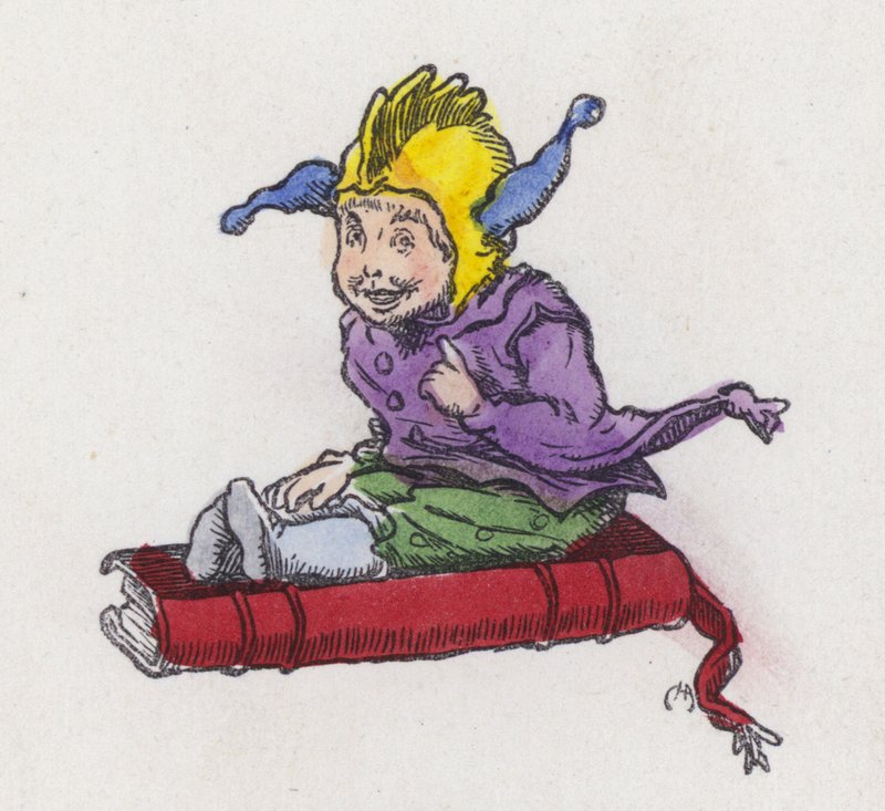 Figuuri istuu kirjan päällä ja yllään pillihattu (värillinen kaiverrus) tekijältä Charles Henry (after) Bennett