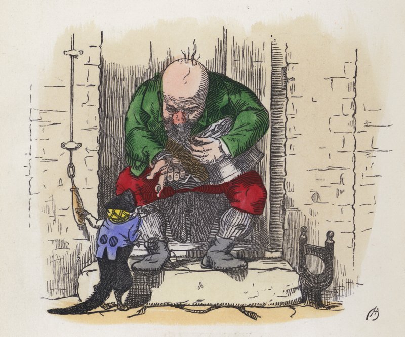 Pieni musta kissa soittaa miehen ovikelloa (värillinen kaiverrus) tekijältä Charles Henry (after) Bennett