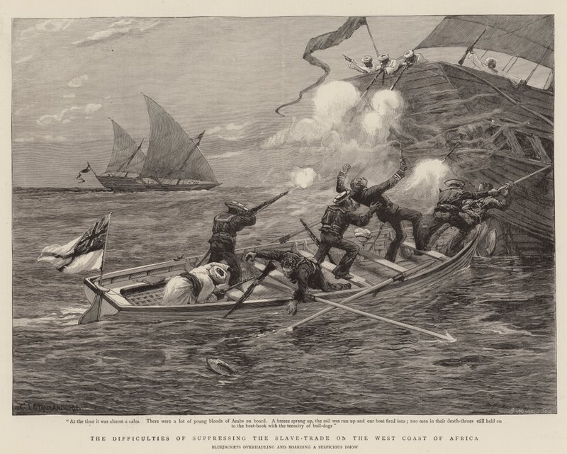 Orjakaupan tukahduttamisen vaikeudet Afrikan länsirannikolla (kaiverrus) tekijältä Charles J. (after) Staniland