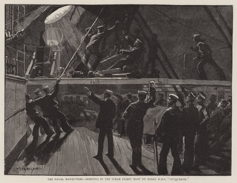 Merivoimien liikkeet, nousu höyrylaivaveneessä HMS Conquerorin aluksella tekijältä Charles J. Staniland
