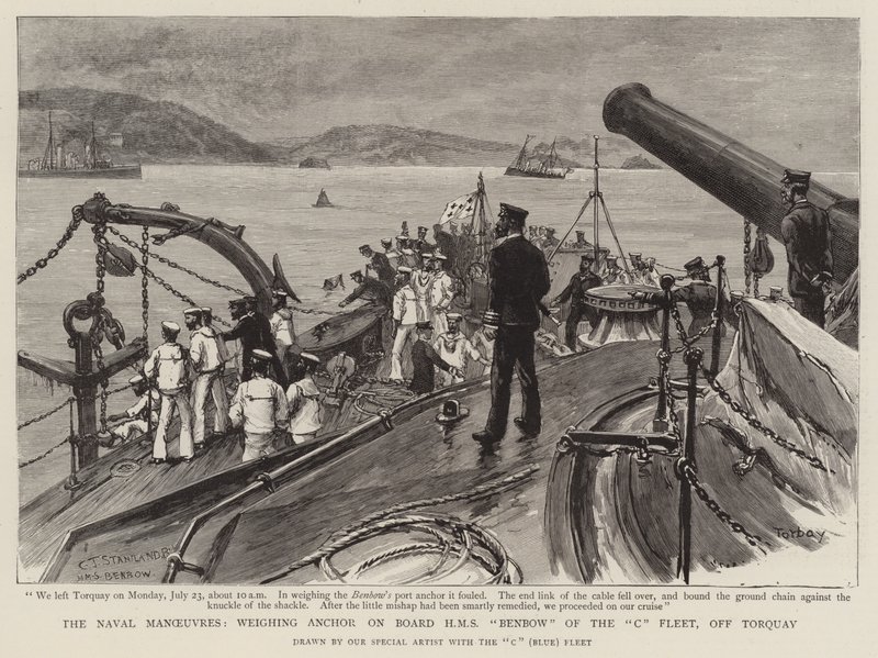 Merivoimien manööverit, ankkurin punnitseminen C-laivaston HMS Benbow -aluksella Torquayn edustalla. tekijältä Charles J. Staniland