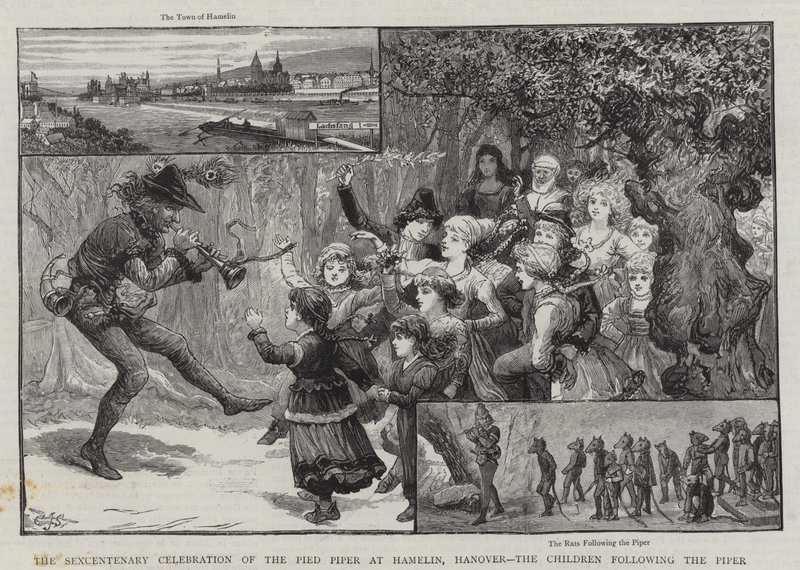 Pied Piperin 100-vuotisjuhla Hamelinissa Hannoverissa, lapset piperiä seuraamassa tekijältä Charles J. Staniland