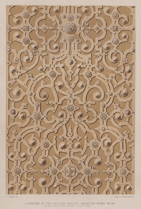Osa gallerian katosta, Charlton House, Wilts, katto on 17 jalkaa leveä ja noin 115 jalkaa pitkä (väri litho) tekijältä Charles James Richardson