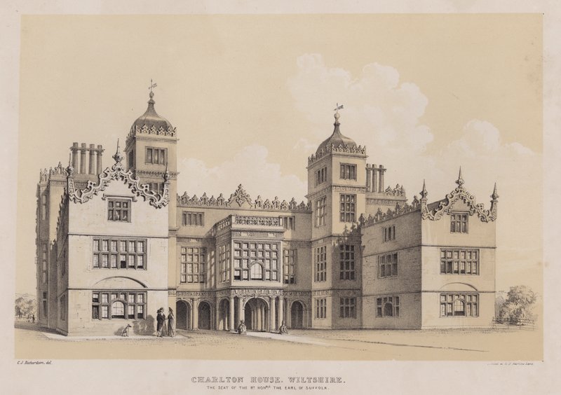 Charlton House, Wiltshire, Suffolkin Earlin oikea kotipaikka (väri litho) tekijältä Charles James Richardson