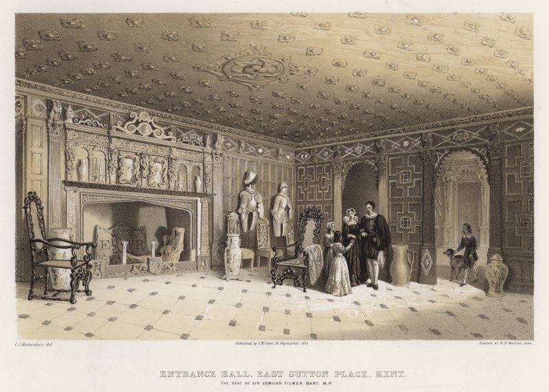 Sisääntulo, East Sutton Place, Kent, Sir Edmund Filmerin kotipaikka (värilitho) tekijältä Charles James Richardson