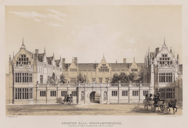 Rushton Hall, Northamptonshire, pystytti Sir Thomas Tresham, Elizabethin aikana (väri litho) tekijältä Charles James Richardson