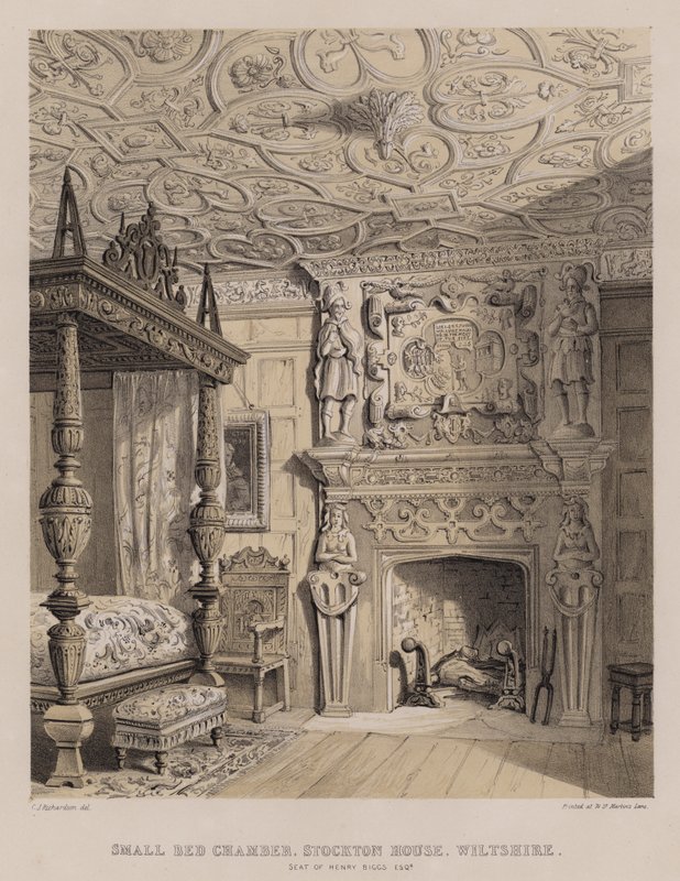 Pieni sänkykammio, Stockton House, Wiltshire, Henry Biggsin istuin (väri litho) tekijältä Charles James Richardson