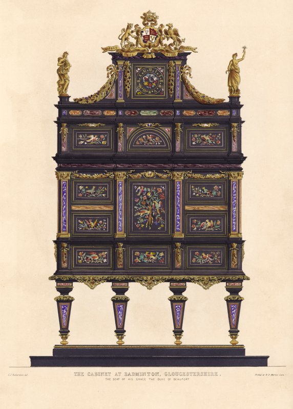 Kaappi sulkapallossa, Gloucestershire, hänen armonsa Duke of Beaufortin istuin (väri litho) tekijältä Charles James Richardson