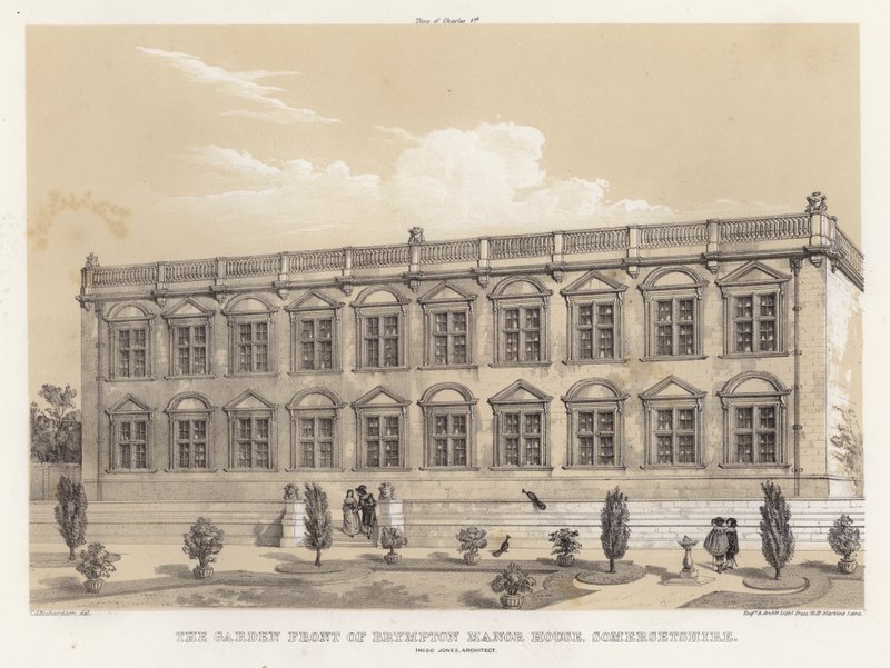 Brympton Manor Housen puutarha edessä, Somersetshire, Inigo Jones, arkkitehti (väri litho) tekijältä Charles James Richardson