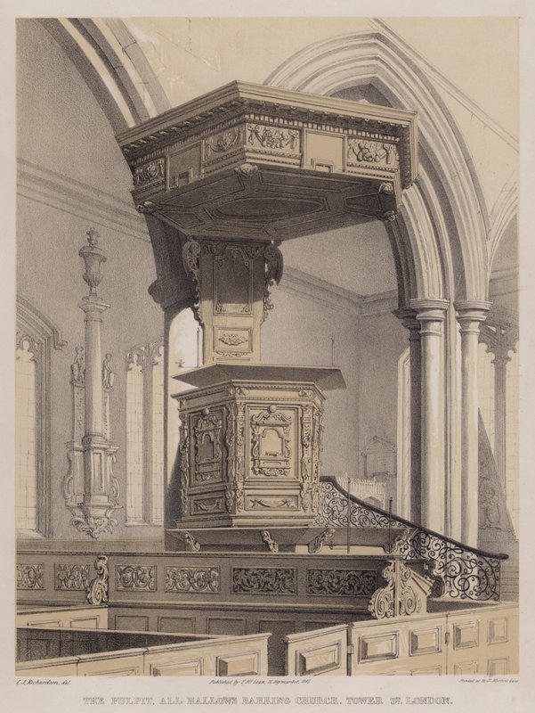 Saarnatuoli, All Hallows Barking Church, Tower Street, Lontoo (värilitho) tekijältä Charles James Richardson