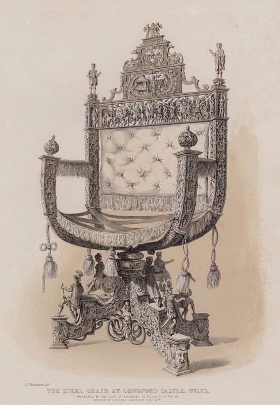 Terästuoli Longfordin linnassa Wiltsissä, jonka Augsburgin kaupunki esitteli Rudolphis 2:lle, Saksan keisarille noin vuonna 1577 tekijältä Charles James Richardson