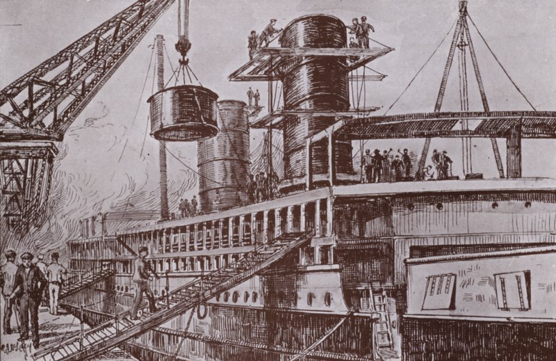 Suppilojen pystytys (litho) tekijältä Charles John de (after) Lacy