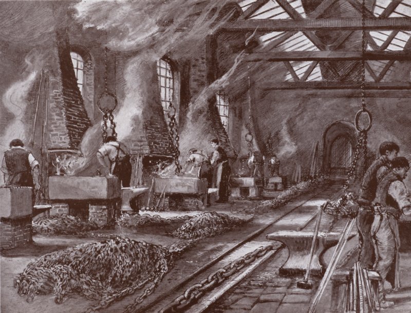Ketjujen valmistus laivaan (litho) tekijältä Charles John de (after) Lacy