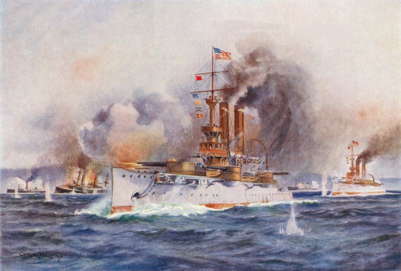Espanjan laivaston tuhoaminen Santiagon sataman ulkopuolella (värilitro) tekijältä Charles John de (after) Lacy