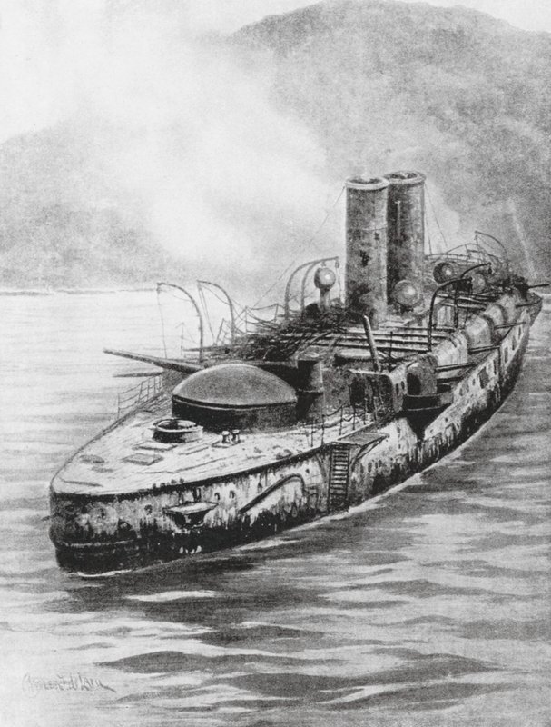 Espanjalainen panssaroitu risteilijä Oquendo meritaistelun jälkeen 1898 (litografia) tekijältä Charles John de (after) Lacy