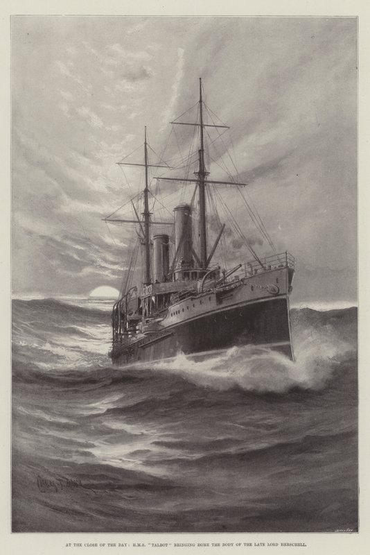 Päivän päätteeksi HMS Talbot tuo kotiin edesmenneen Lord Herschellin ruumiin tekijältä Charles John de Lacy