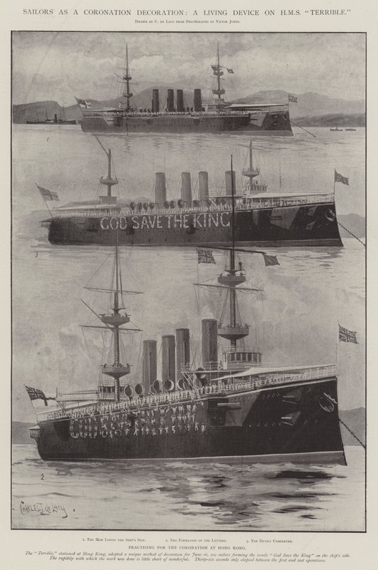 Merimiehet kruunauskoristeena, elävä laite HMS Terriblessa tekijältä Charles John de Lacy