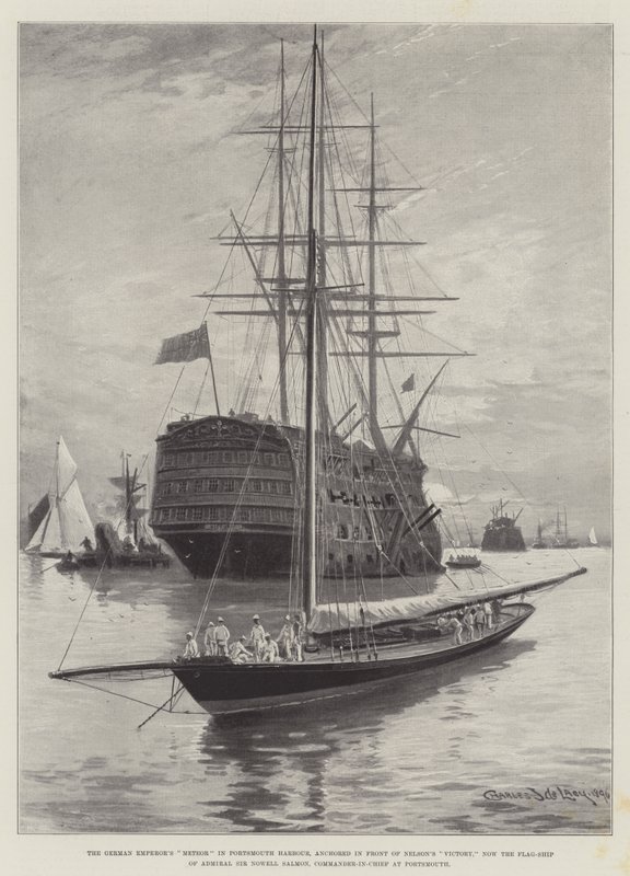 Saksan keisarin meteori Portsmouthin satamassa, ankkuroituna Nelsonin Victoryn edessä, nyt Portsmouthin ylipäällikön amiraali Sir Nowell Salmonin lippulaiva. tekijältä Charles John de Lacy