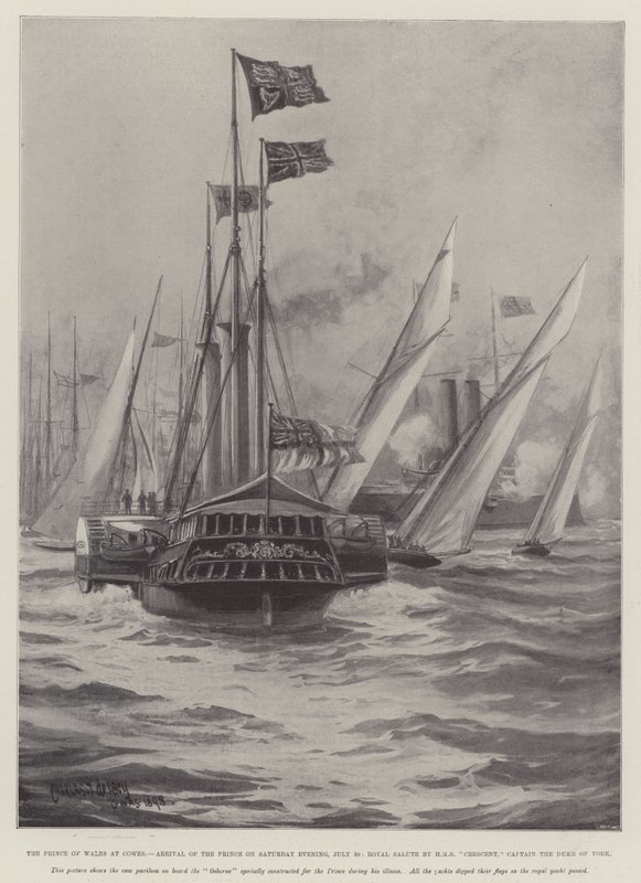 Walesin prinssi Cowesissa, prinssin saapuminen lauantai-iltana 30. heinäkuuta, HMS Crescentin kuninkaallinen tervehdys, kapteeni Yorkin herttua tekijältä Charles John de Lacy
