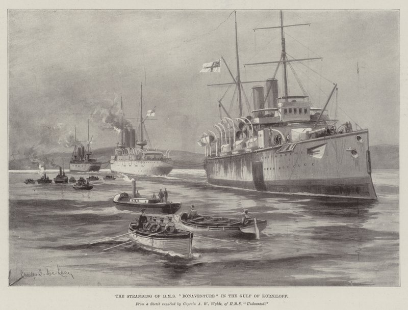 HMS Bonaventuren rantautuminen Korniloffinlahdella tekijältä Charles John de Lacy