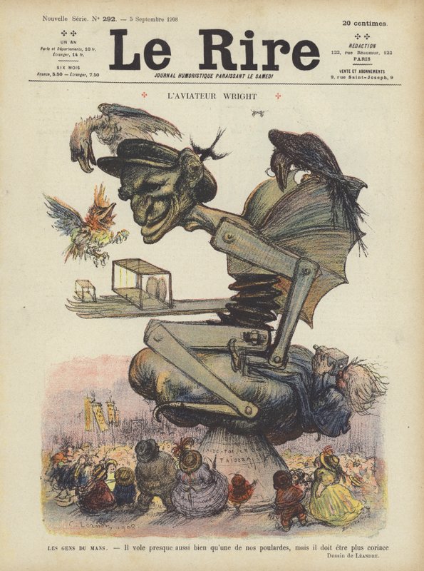 Amerikkalaisen lentäjä Wilbur Wrightin karikatyyri. Kuvitus Le Rirelle tekijältä Charles Leandre