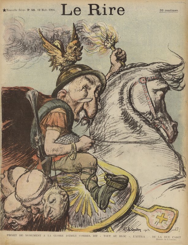 Karikatyyri Ranskan pääministeristä Emile Combesista Attila Hunina. Kuvitus Le Rirelle tekijältä Charles Leandre