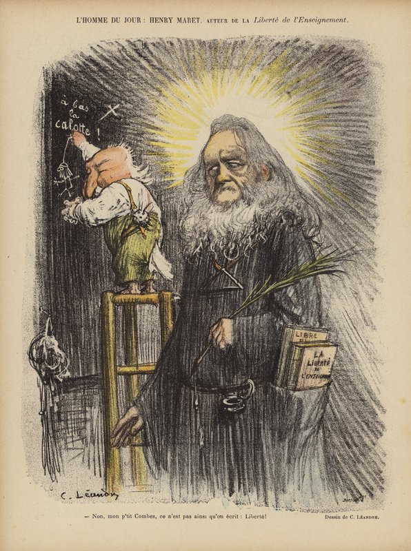 Karikatyyri ranskalaisesta toimittajasta ja poliitikosta Henry Maretista ja pääministeri Emile Combesista. tekijältä Charles Leandre