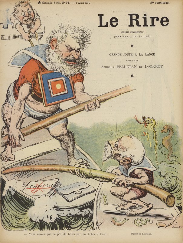 Karikatyyri ranskalaisista poliitikoista Camille Pelletanista ja Edouard Lockroysta. Kuvitus Le Rirelle tekijältä Charles Leandre